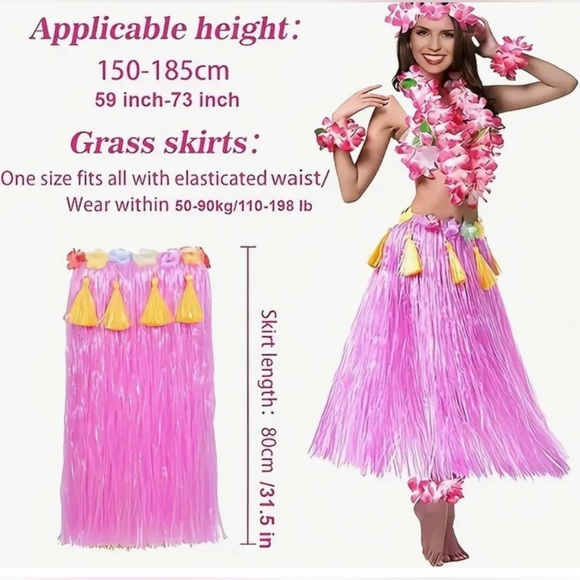 7pcs Hawaiian Hula Costume Set, Tropical Grass Skirt, Lei, Beach Party,Halloween - Picture 2 of 10